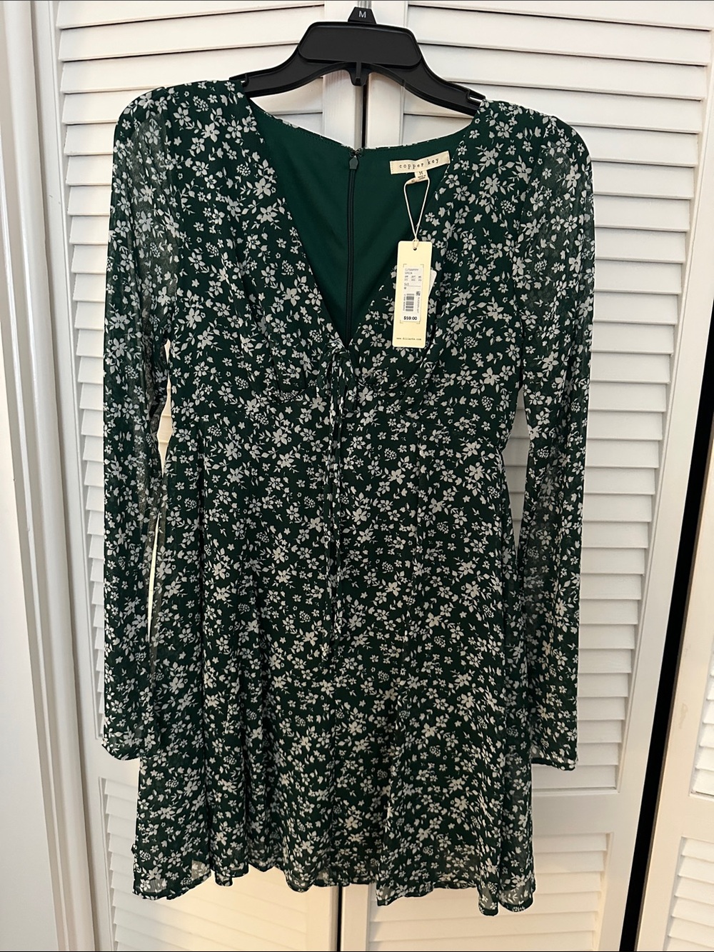Copper Key Forest Green Floral Tie-Front Long Sleeve Dress